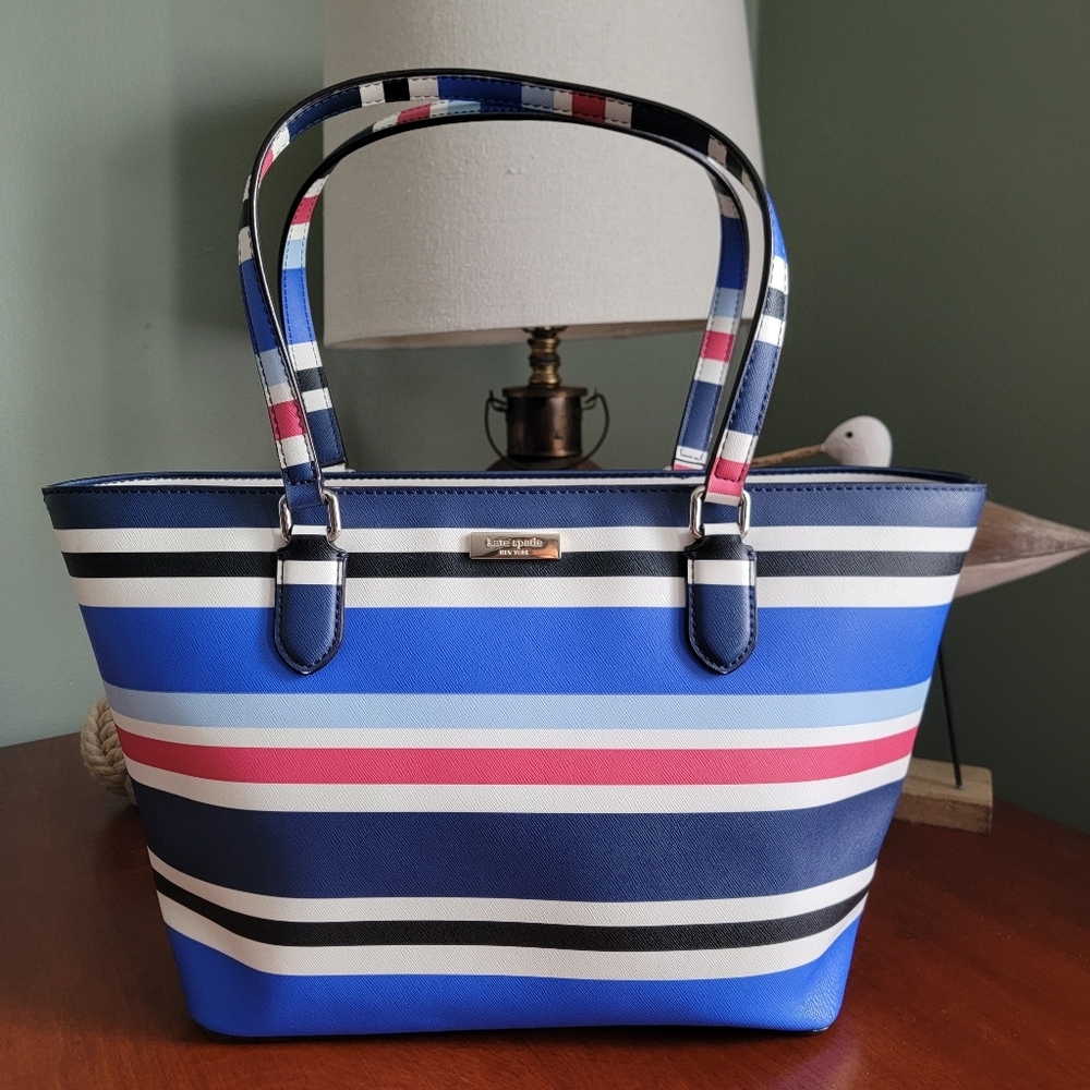 Kate Spade WKRU4294 Nautical Stripe Blue White Red PVC Tote Bag